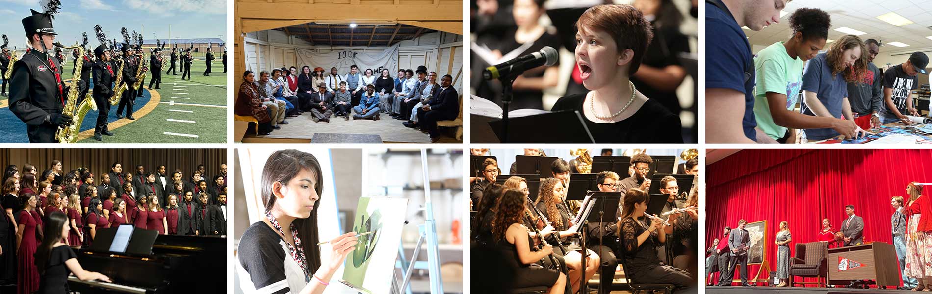 8-picture collage of students in choir, theatre, band and visual arts