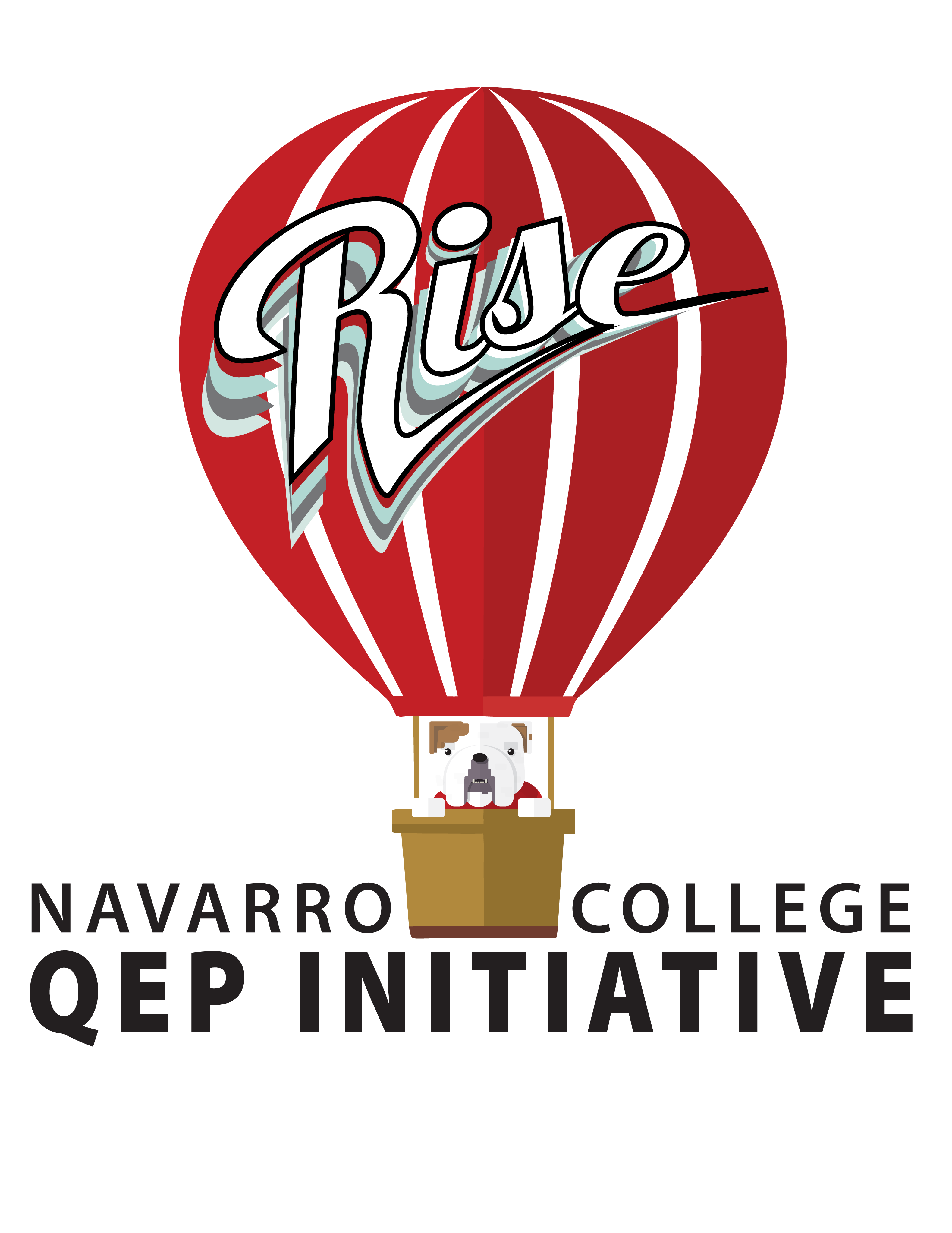 cartoon bulldog in hot air balloon with text "RISE-Navarro College QEP Initiative"